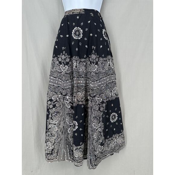 90s Vintage Skirt Womens Medium Black Paisley Maxi Bohemian Boho Sequin Cottage - Picture 1 of 7